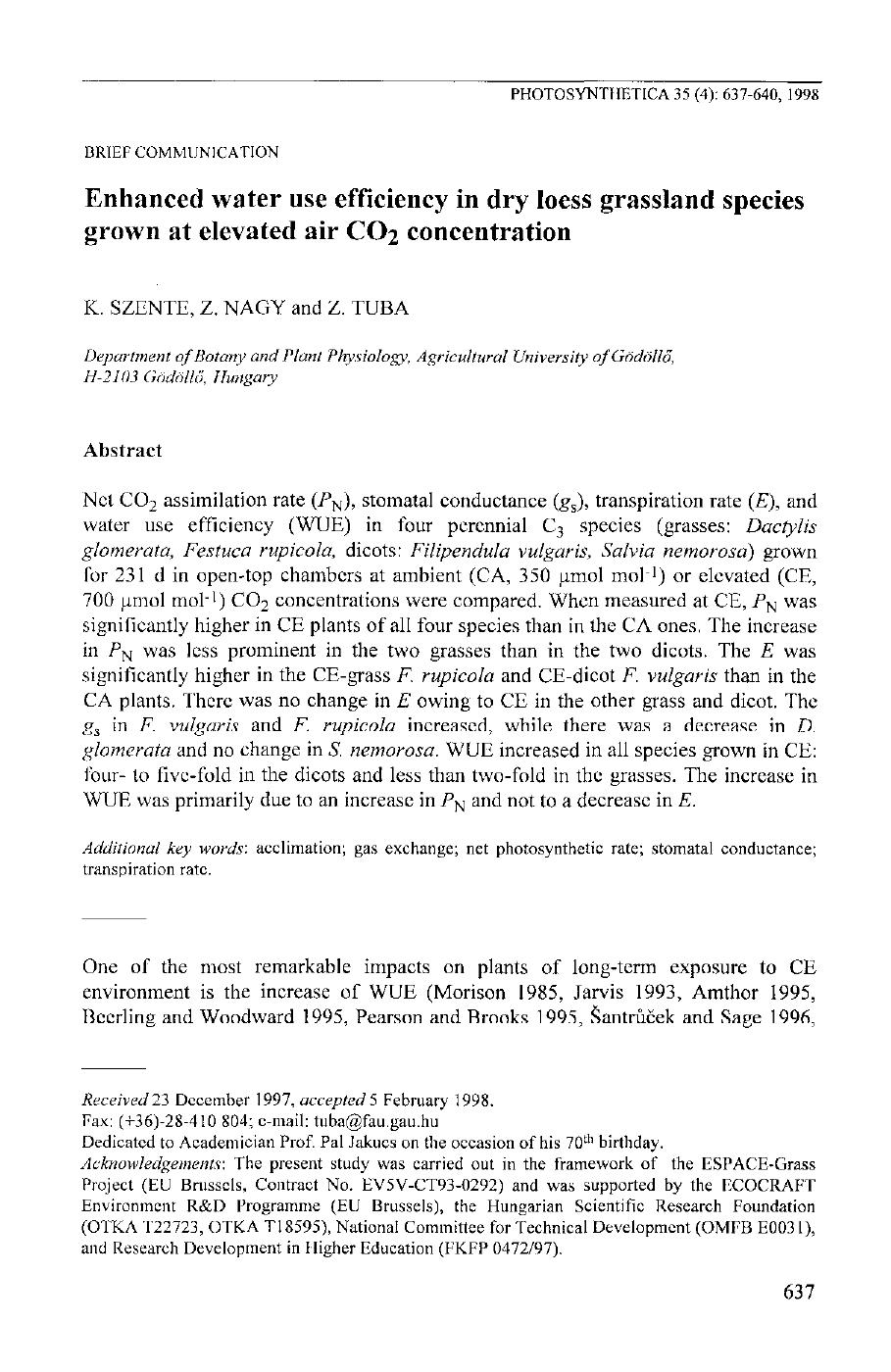 Enhanced Water Use Efficiency in Dry Loess Grassland Species Grown at Elevated Air CO2 Concentration by Unknown