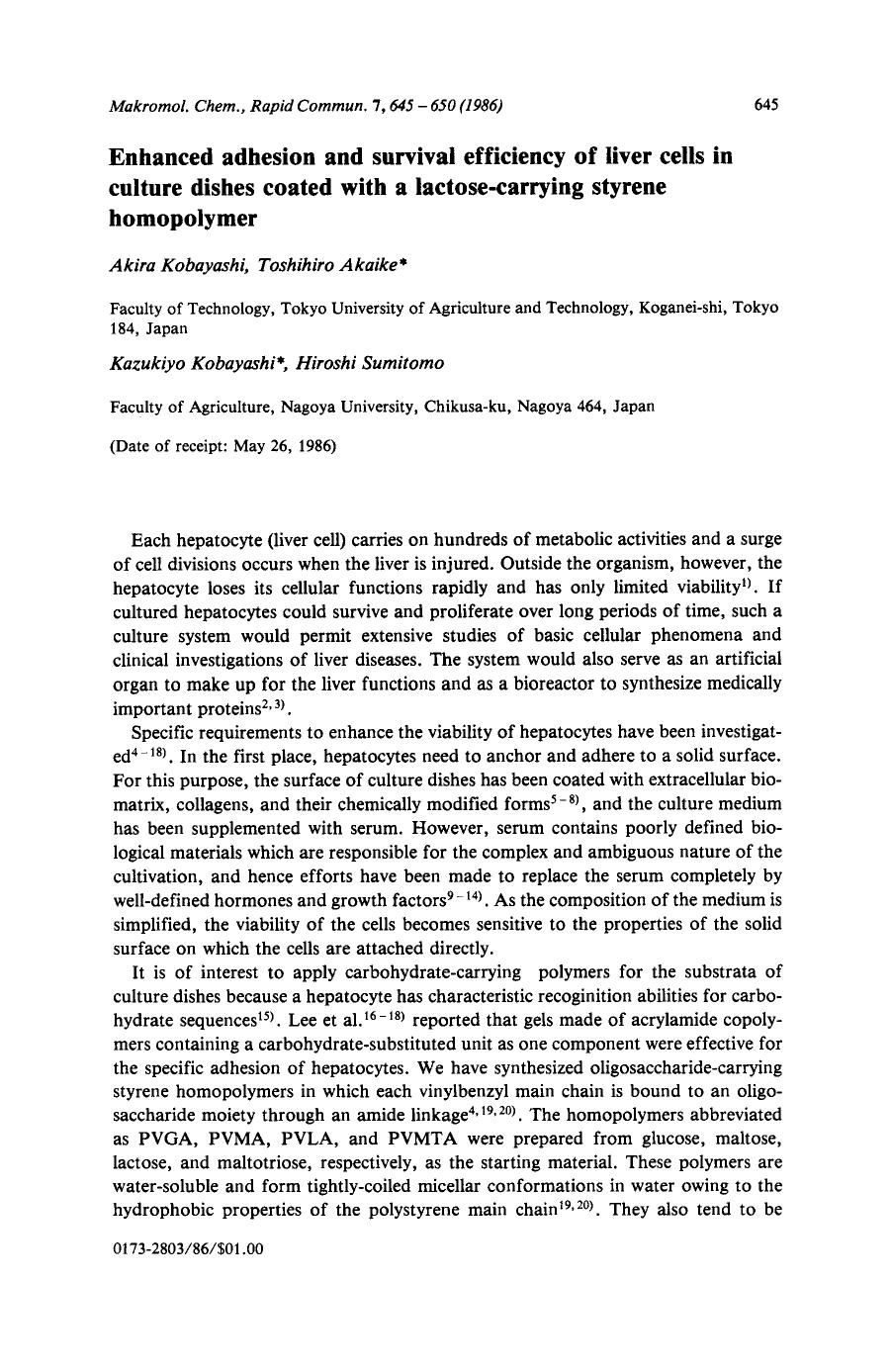 Enhanced adhesion and survival efficiency of liver cells in culture dishes coated with a lactose-carrying styrene homopolymer by Unknown