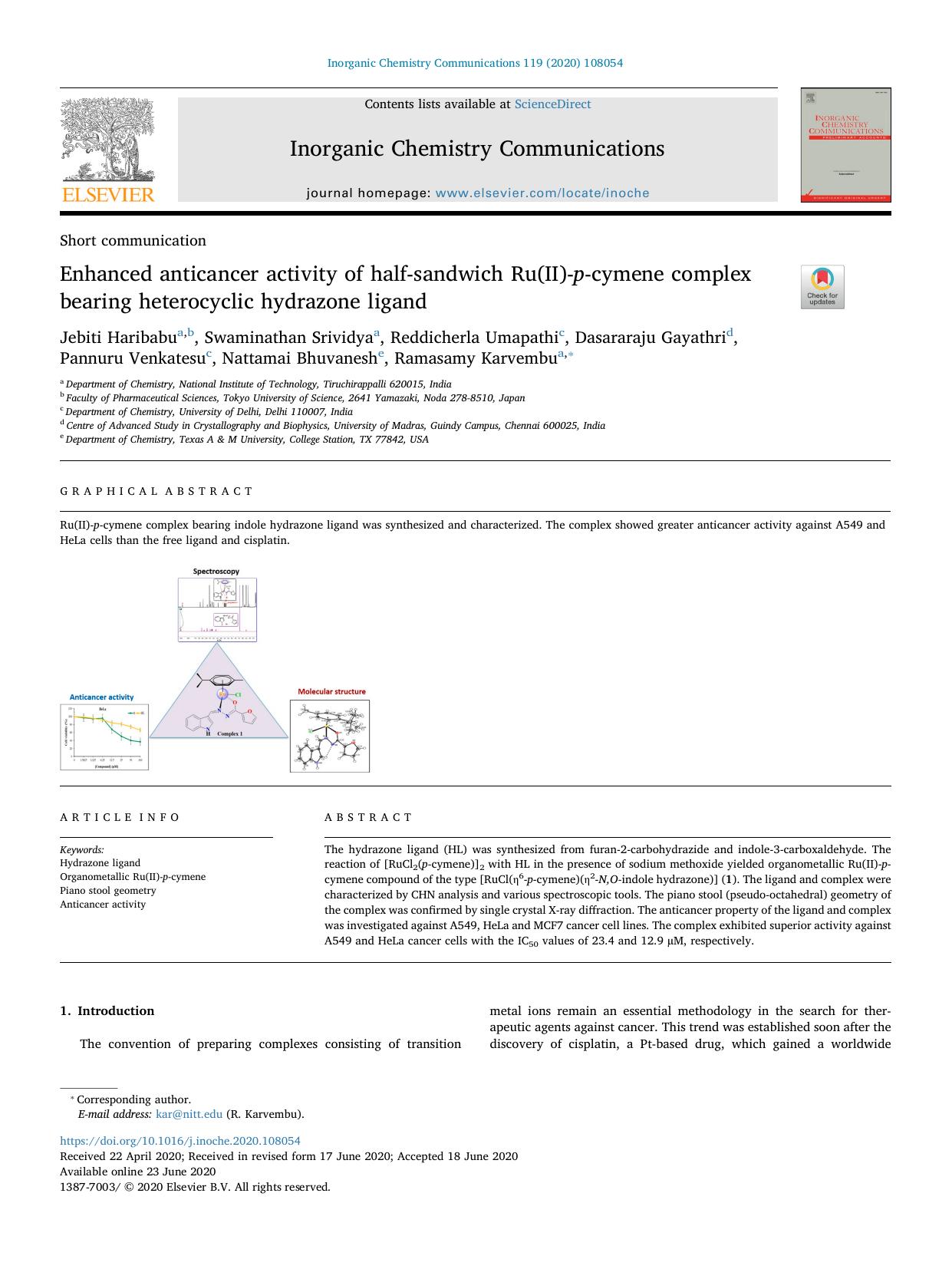 Enhanced anticancer activity of half-sandwich Ru(II)-p-cymene complex bearing heterocyclic hydrazone ligand by unknow