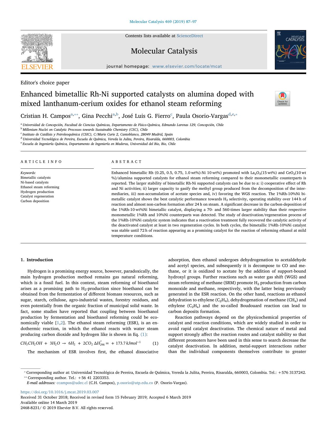 Enhanced bimetallic Rh-Ni supported catalysts on alumina doped with mixed lanthanum-cerium oxides for ethanol steam reforming by Cristian H. Campos & Gina Pecchi & José Luis G. Fierro & Paula Osorio-Vargas