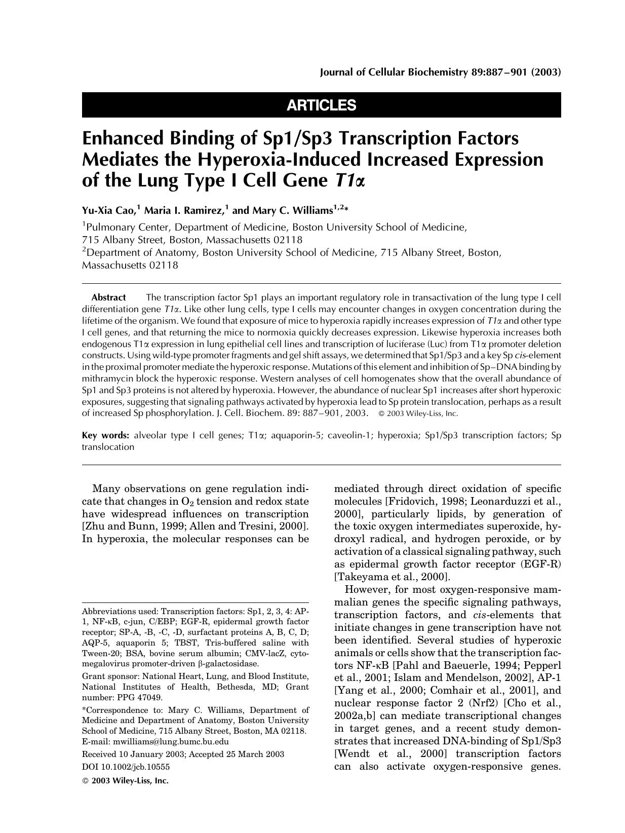 Enhanced binding of Sp1Sp3 transcription factors mediates the hyperoxia-induced increased expression of the lung type I cell gene T1[alpha] by Unknown