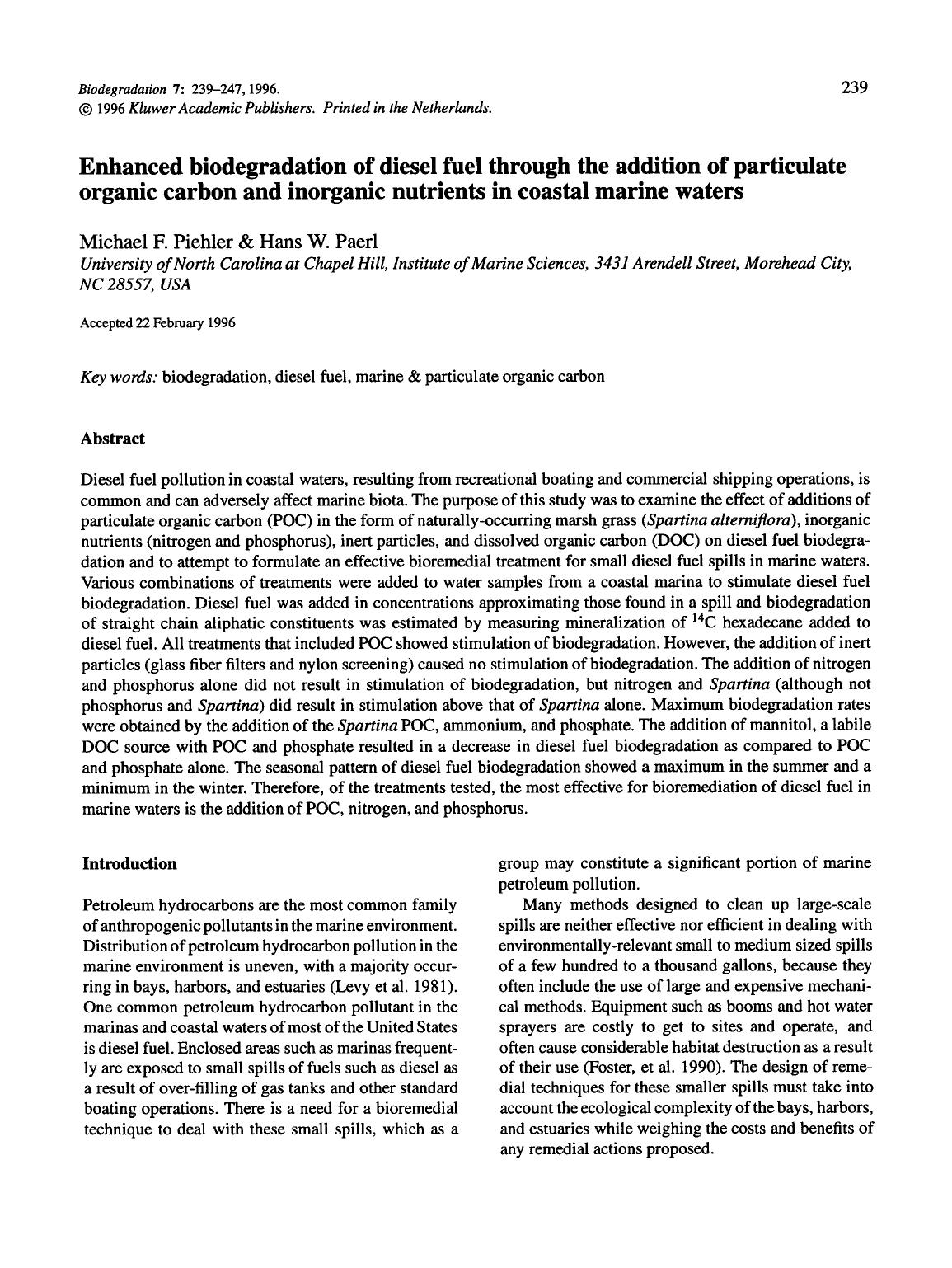 Enhanced biodegradation of diesel fuel through the addition of particulate organic carbon and inorganic nutrients in coastal marine waters by Unknown