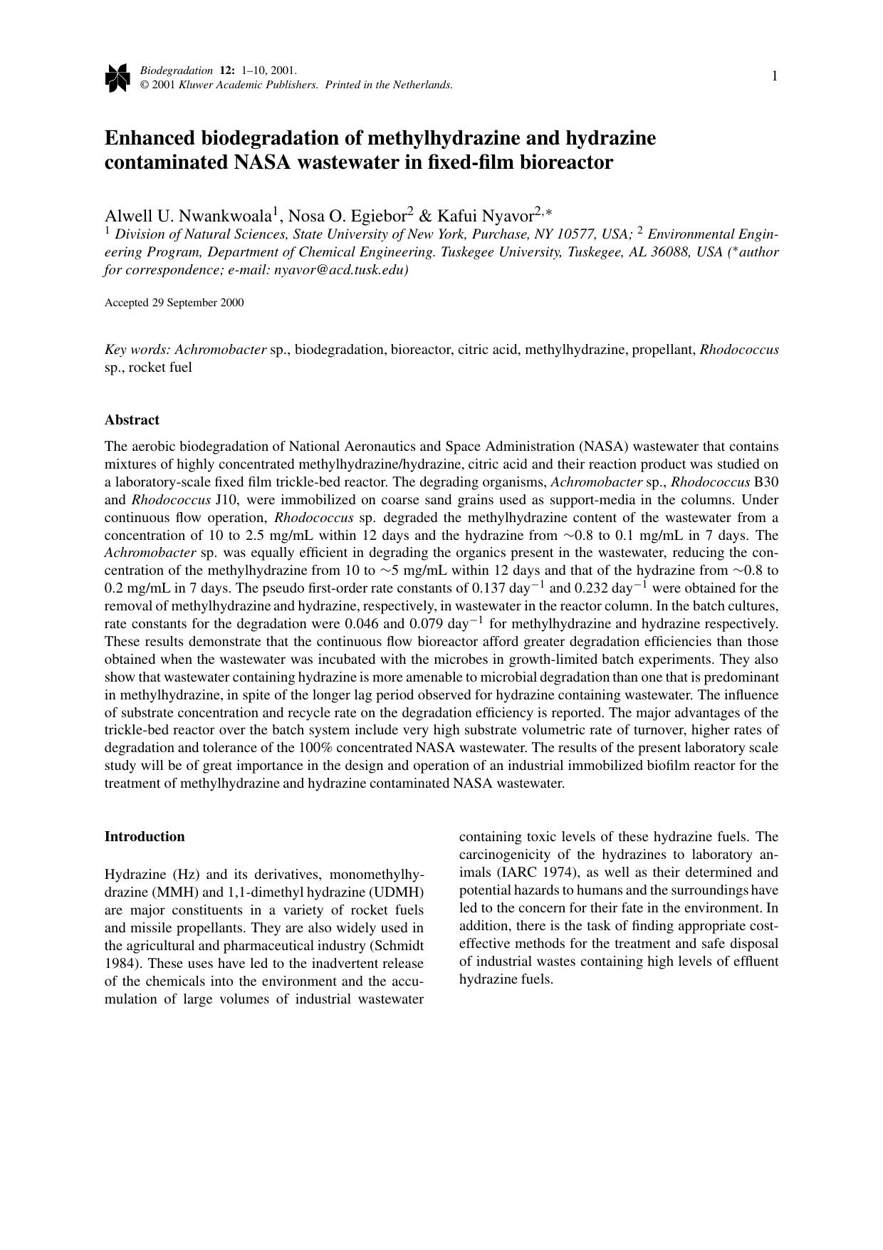 Enhanced biodegradation of methylhydrazine and hydrazine contaminated NASA wastewater in fixed-film bioreactor by Unknown