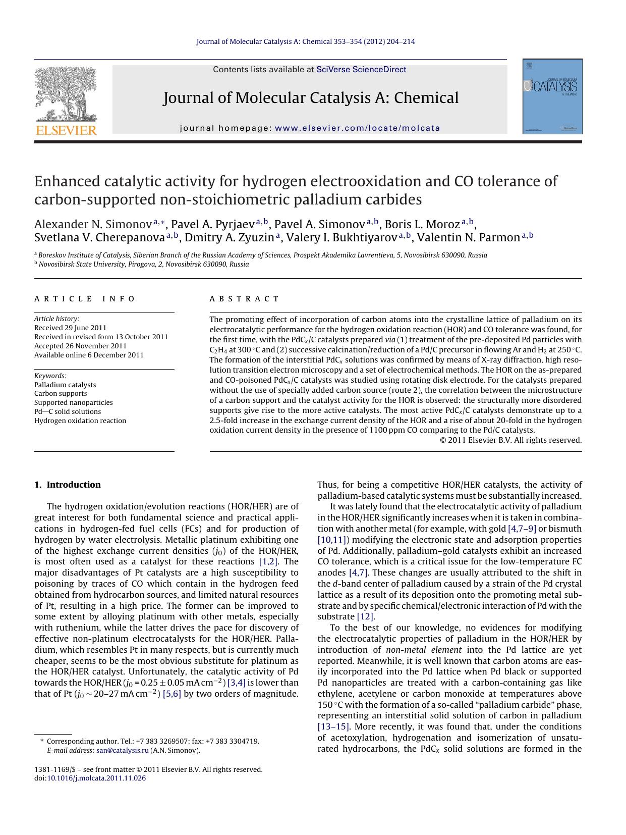 Enhanced catalytic activity for hydrogen electrooxidation and CO tolerance of carbon-supported non-stoichiometric palladium carbides by Alexander N. Simonov