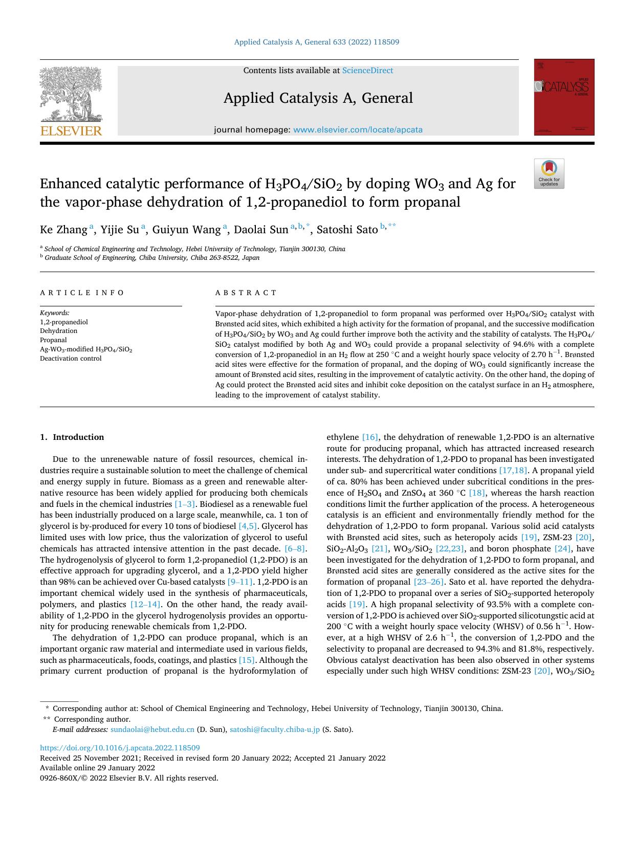 Enhanced catalytic performance of H3PO4SiO2 by doping WO3 and Ag for the vapor-phase dehydration of 1,2-propanediol to form propanal by Ke Zhang & Yijie Su & Guiyun Wang & Daolai Sun & Satoshi Sato