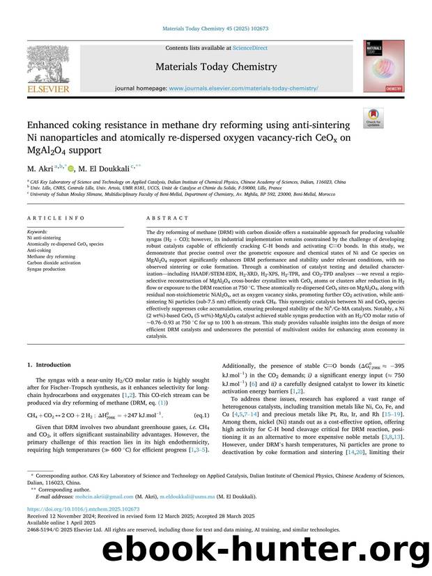 Enhanced coking resistance in methane dry reforming using anti-sintering Ni nanoparticles and atomically re-dispersed oxygen vacancy-rich CeOx on MgAl2O4 support by M. Akri & M. El Doukkali