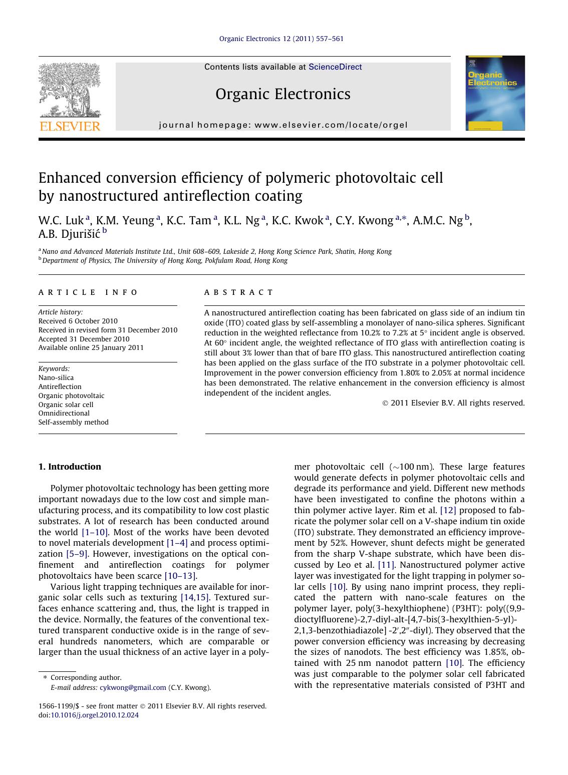 Enhanced conversion efficiency of polymeric photovoltaic cell by nanostructured antireflection coating by W.C. Luk & K.M. Yeung & K.C. Tam & K.L. Ng & K.C. Kwok & C.Y. Kwong & A.M.C. Ng & A.B. Djurišić