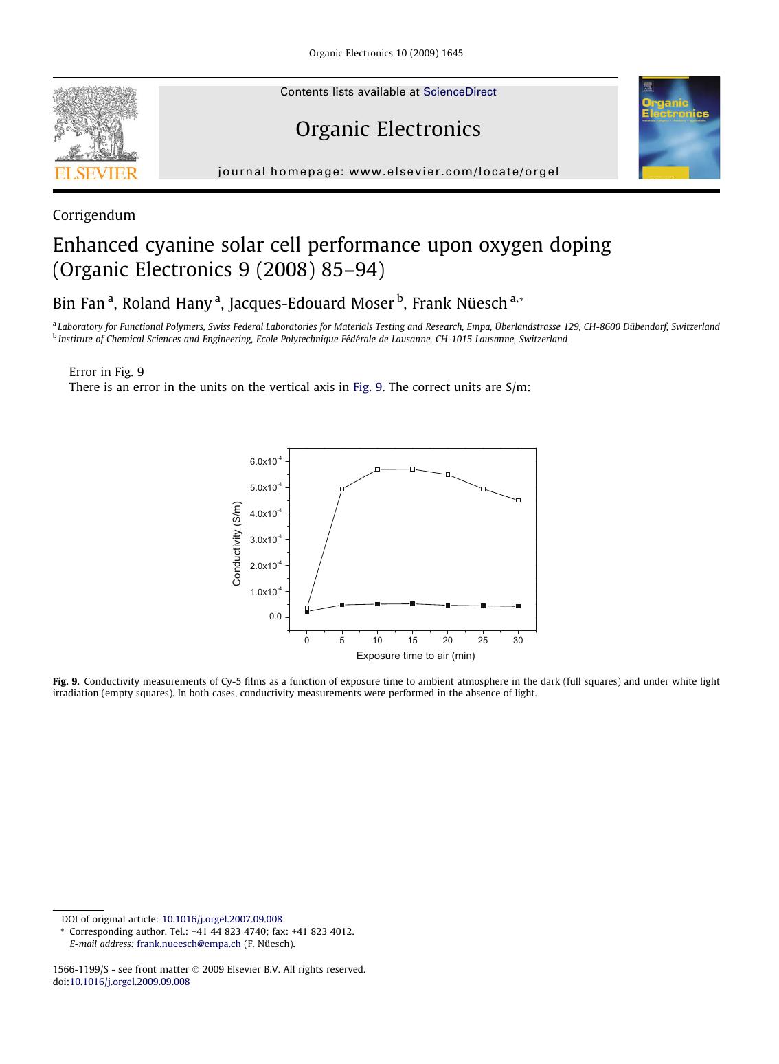 Enhanced cyanine solar cell performance upon oxygen doping (Organic Electronics 9 (2008) 85–94) by Bin Fan; Roland Hany; Jacques-Edouard Moser; Frank Nüesch