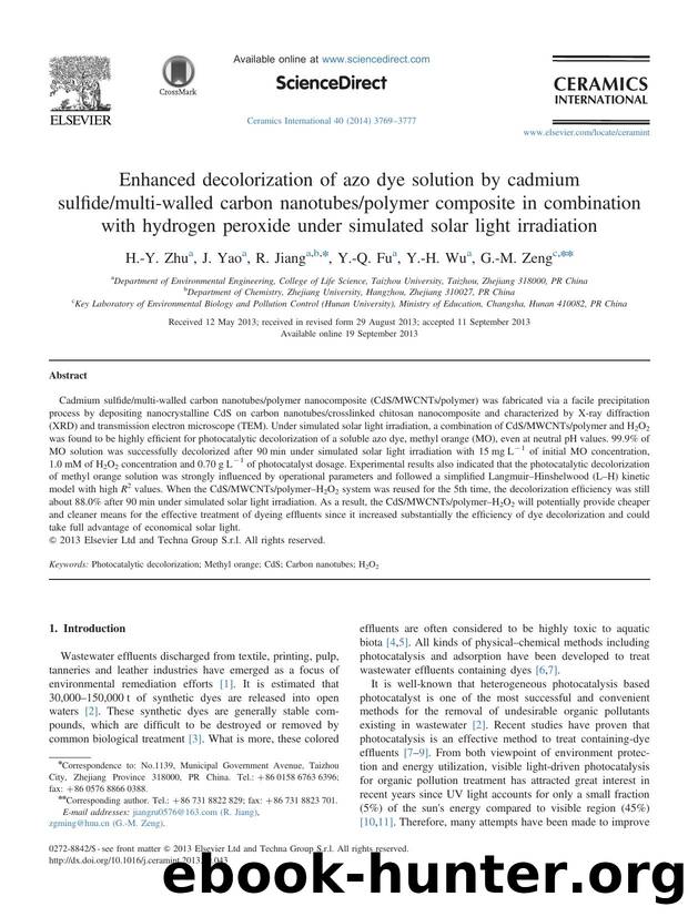 Enhanced decolorization of azo dye solution by cadmium sulfidemulti-walled carbon nanotubespolymer composite in combination with hydrogen peroxide under simulated solar light irradiation by H.-Y. Zhu & J. Yao & R. Jiang & Y.-Q. Fu & Y.-H. Wu & G.-M. Zeng