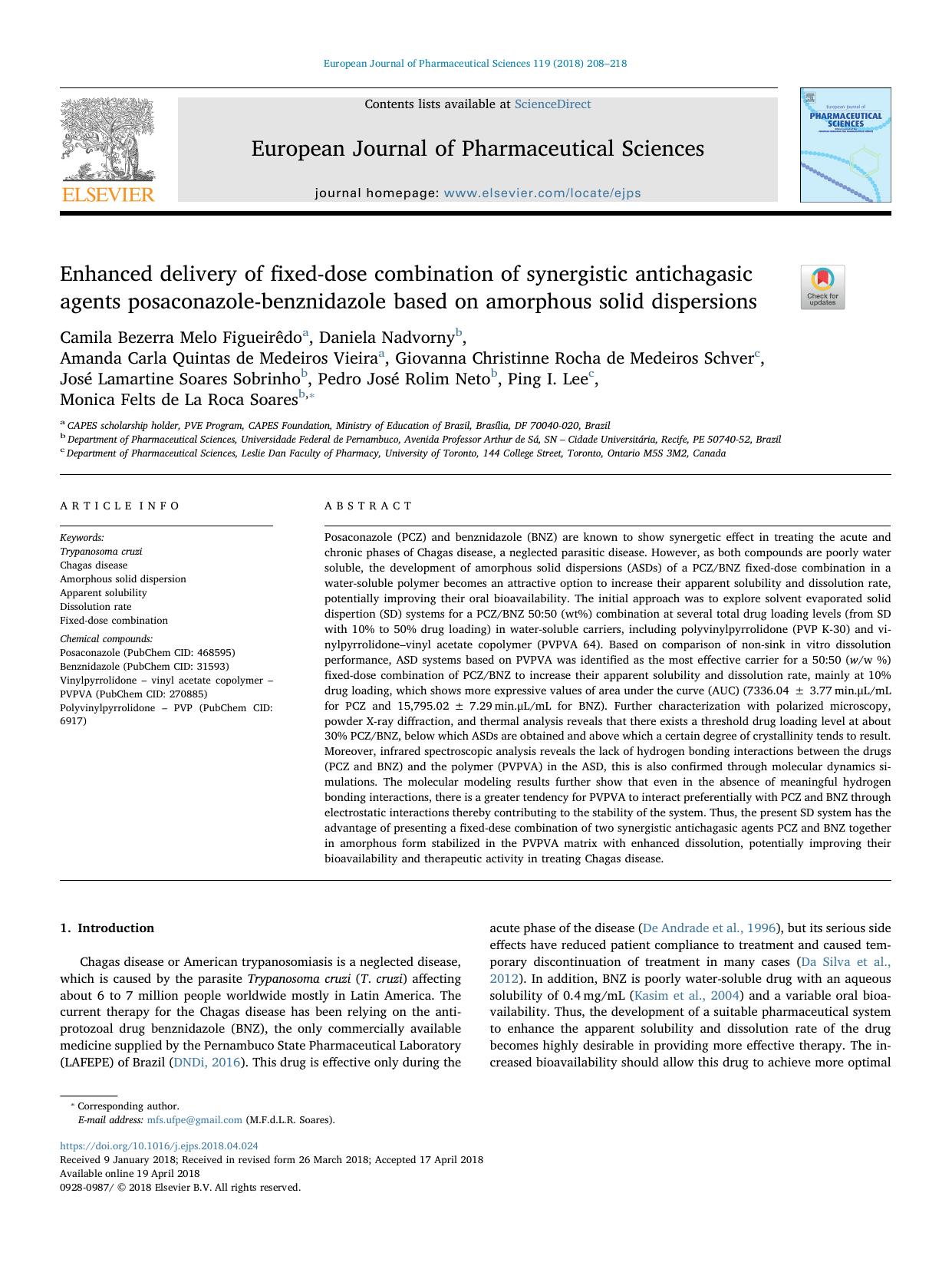 Enhanced delivery of fixed-dose combination of synergistic antichagasic agents posaconazole-benznidazole based on amorphous solid dispersions by unknow