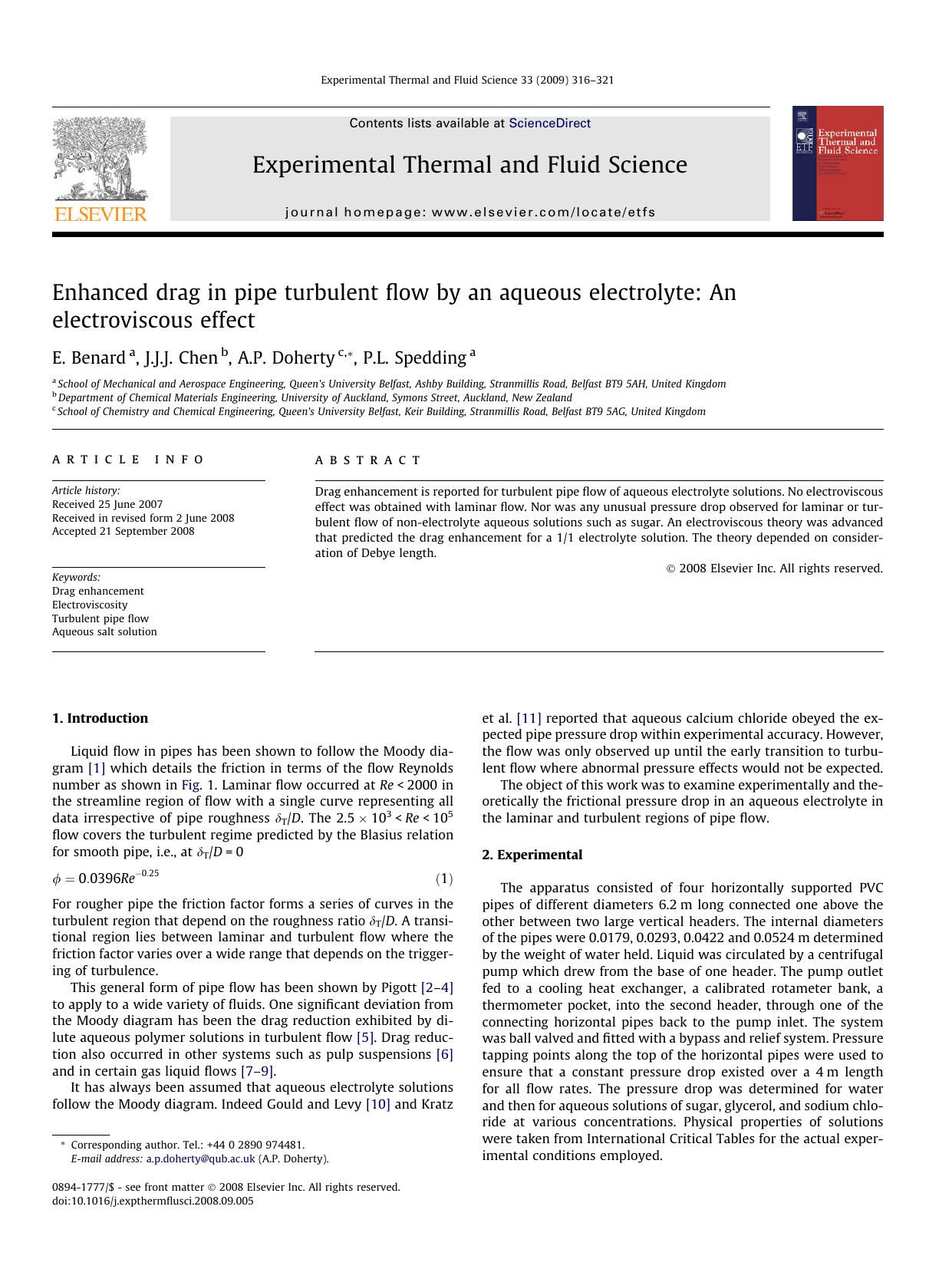 Enhanced drag in pipe turbulent flow by an aqueous electrolyte: An electroviscous effect by E. Benard; J.J.J. Chen; A.P. Doherty; P.L. Spedding
