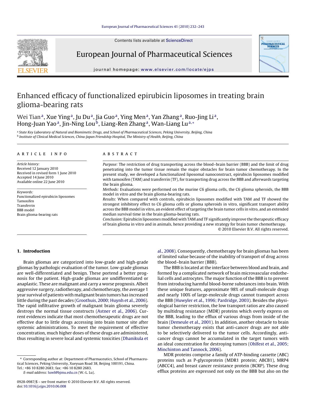Enhanced efficacy of functionalized epirubicin liposomes in treating brain glioma-bearing rats by Wei Tian