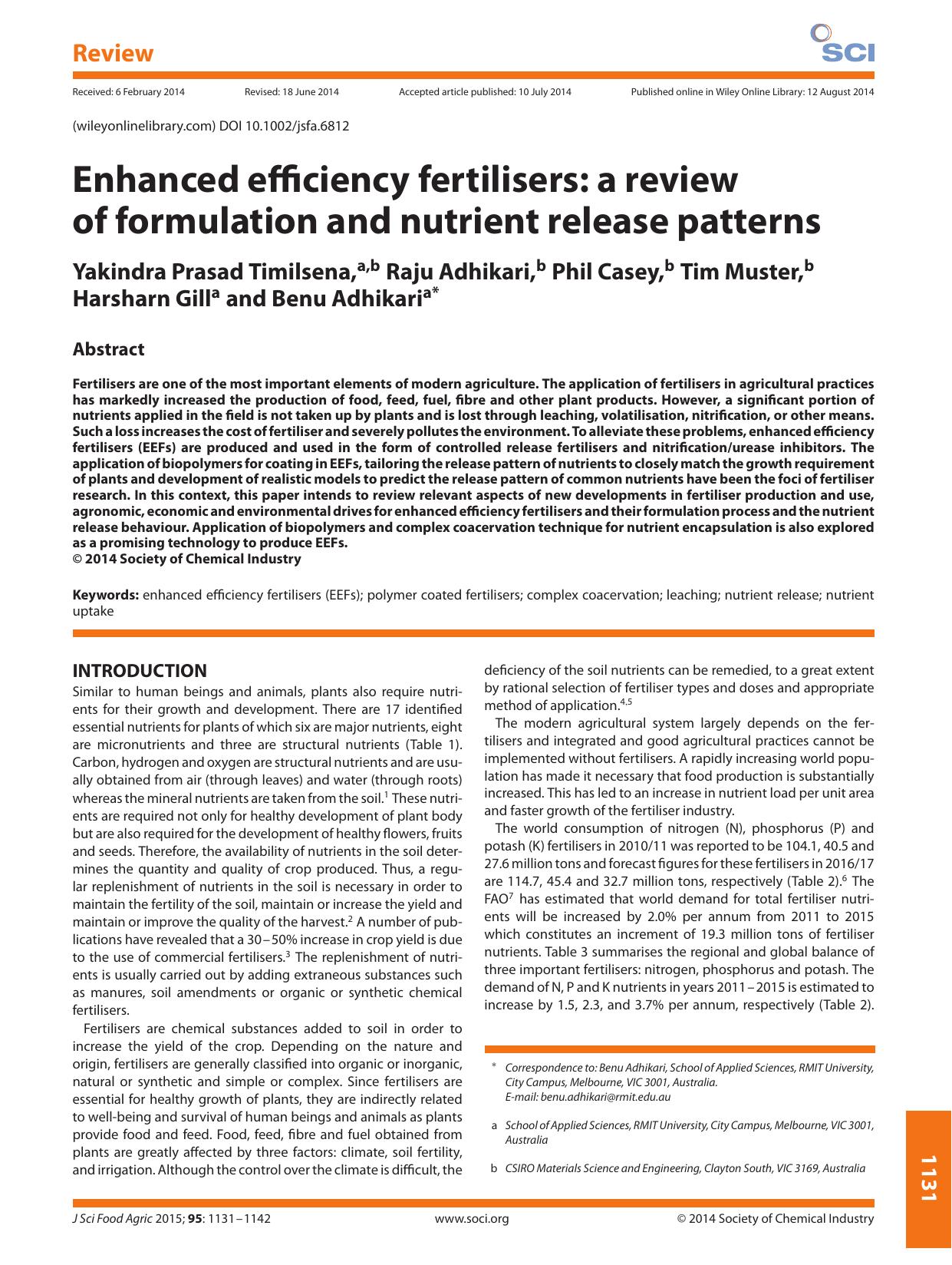 Enhanced efficiency fertilisers: a review of formulation and nutrient release patterns by Unknown