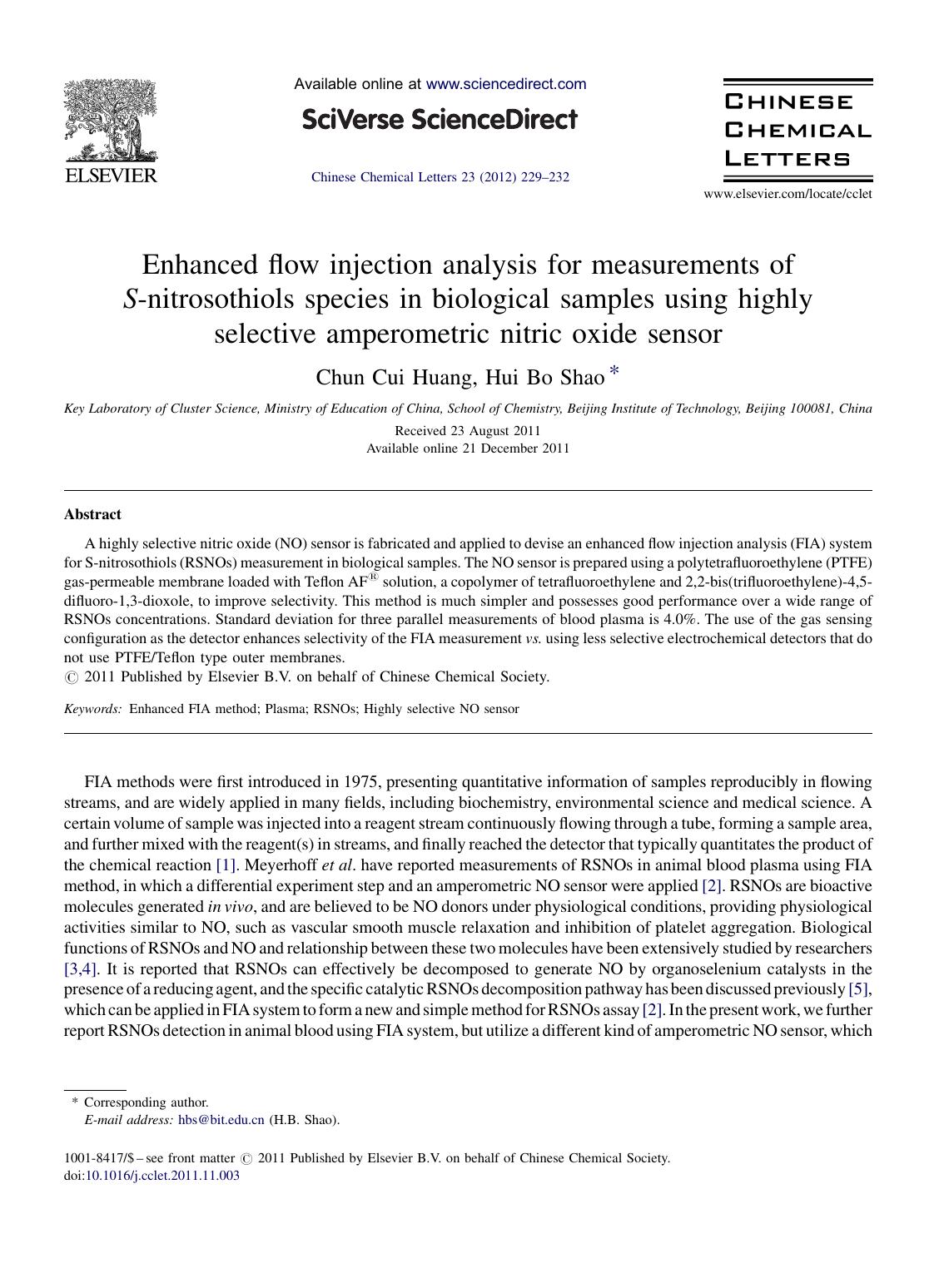 Enhanced flow injection analysis for measurements of S-nitrosothiols species in biological samples using highly selective amperometric nitric oxide sensor by Chun Cui Huang