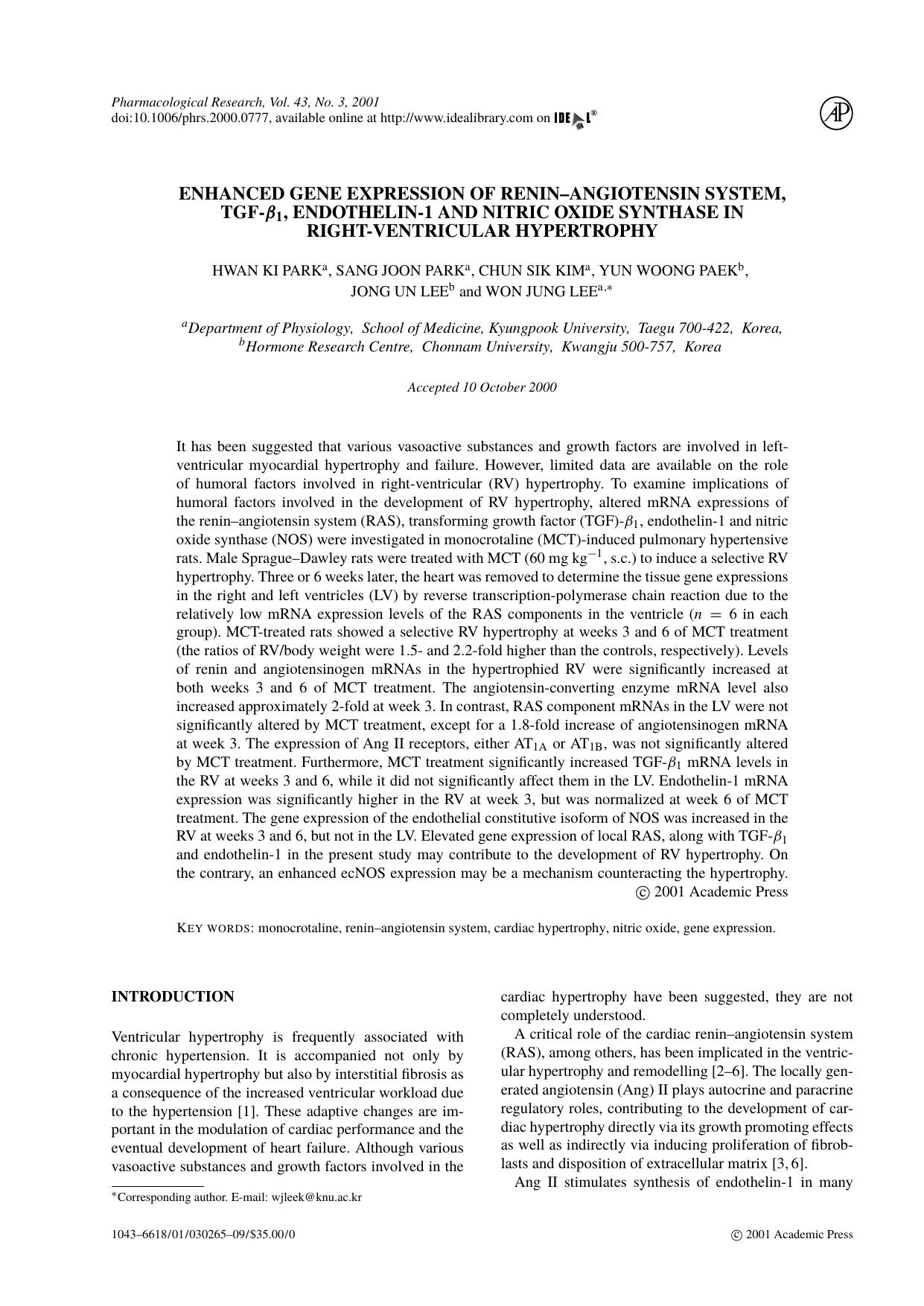 Enhanced gene expression of renin--angiotensin system, TGF-beta_1, endothelin-1 and nitric oxide synthase in right-ventricular hypertrophy by H. K. Park et al