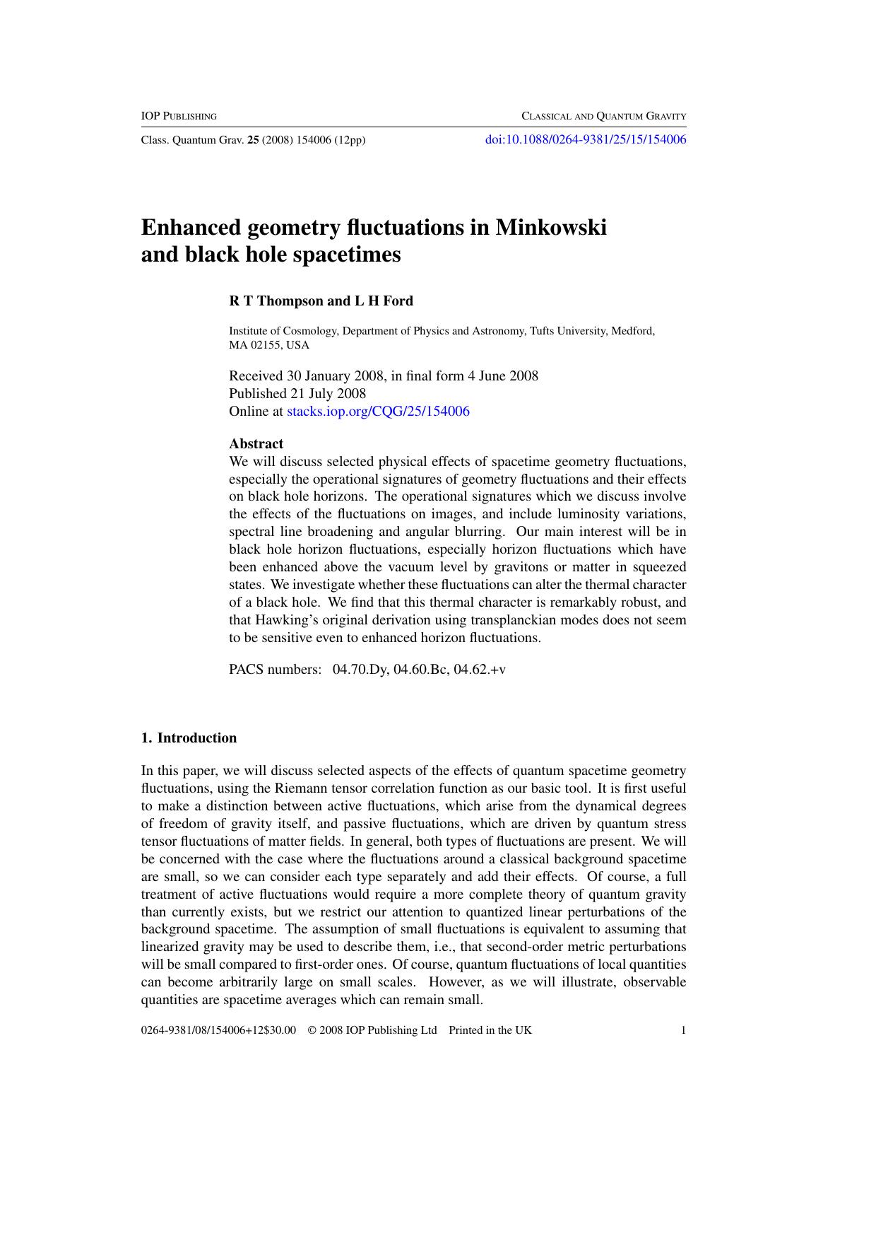 Enhanced geometry fluctuations in Minkowski and black hole spacetimes by R T Thompson and L H Ford