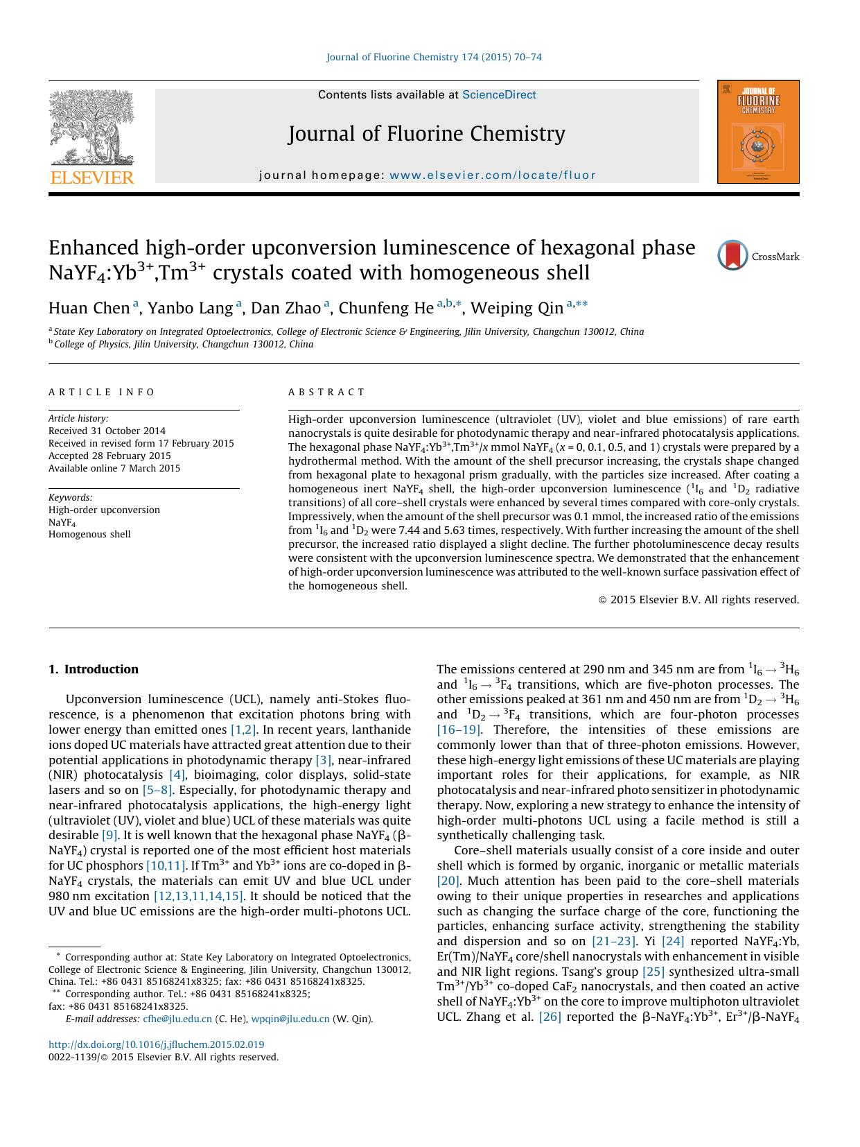 Enhanced high-order upconversion luminescence of hexagonal phase NaYF4:Yb3+,Tm3+ crystals coated with homogeneous shell by Huan Chen & Yanbo Lang & Dan Zhao & Chunfeng He & Weiping Qin