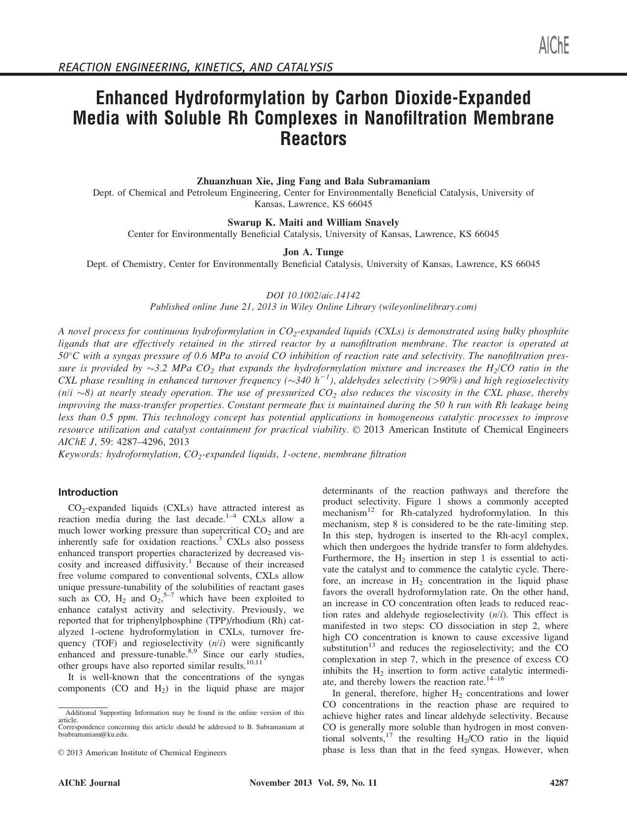 Enhanced hydroformylation by carbon dioxideexpanded media with soluble Rh complexes in nanofiltration membrane reactors by Unknown
