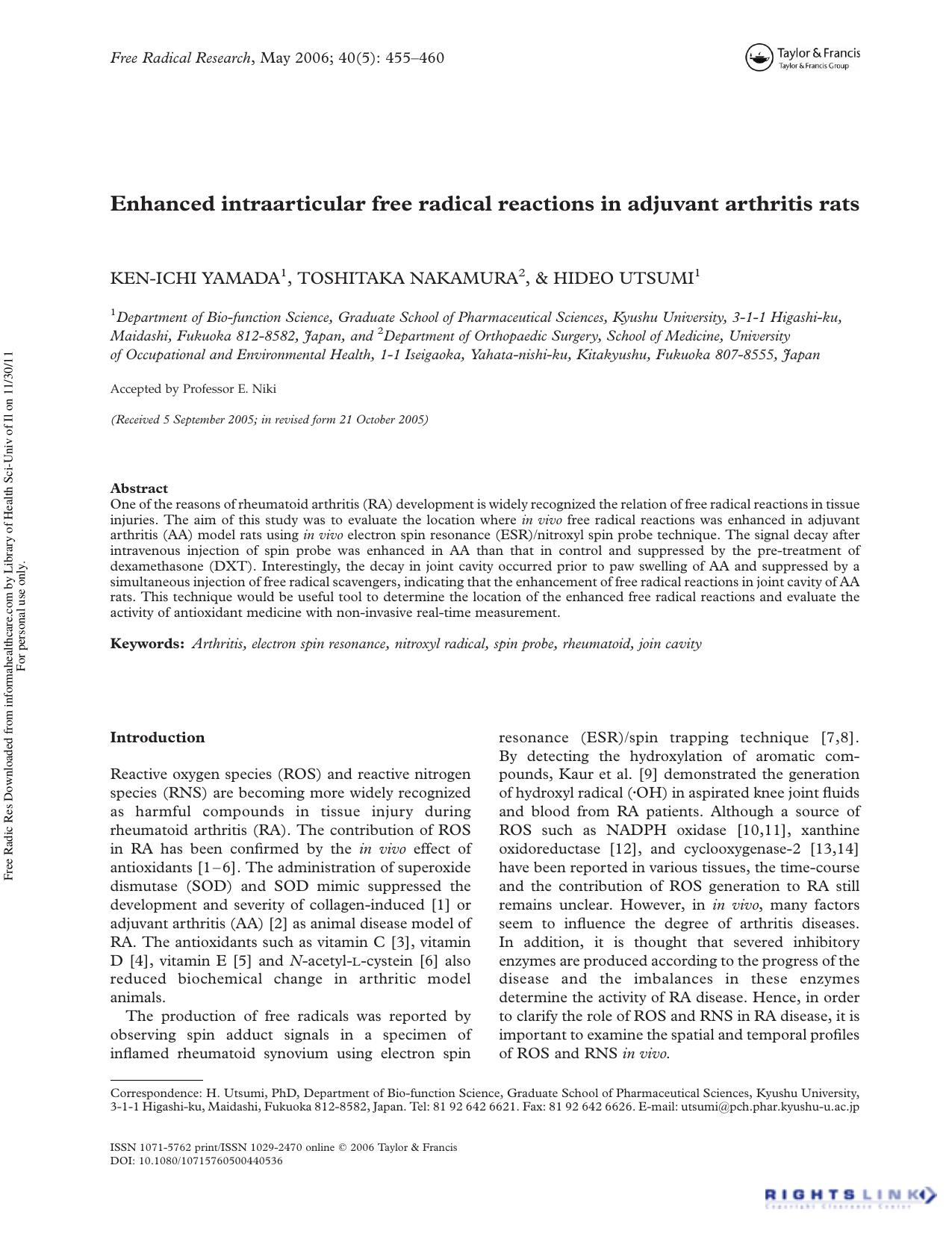 Enhanced intraarticular free radical reactions in adjuvant arthritis rats by Ken-Ichi Yamada1 Toshitaka Nakamura2 & Hideo Utsumi1†