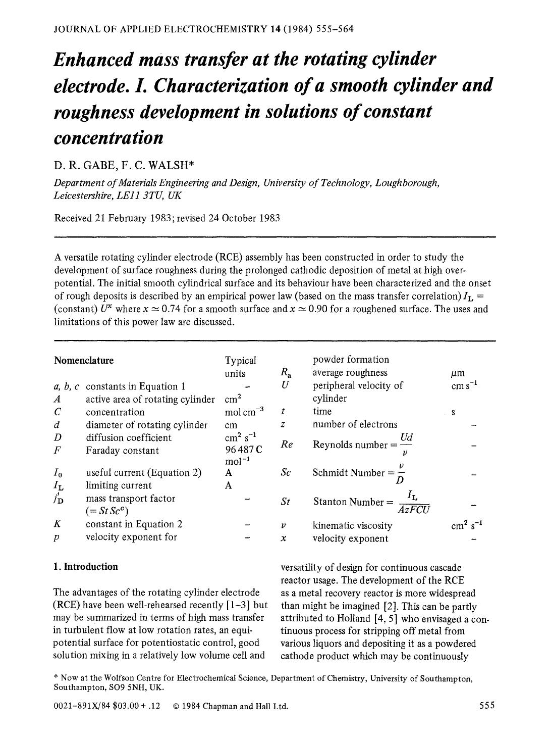Enhanced mass transfer at the rotating cylinder electrode. I. Characterization of a smooth cylinder and roughness development in solutions of constant concentration by Unknown