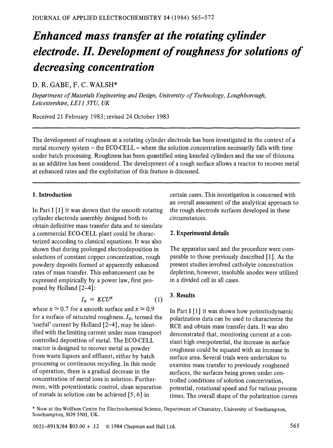 Enhanced mass transfer at the rotating cylinder electrode. II. Development of roughness for solutions of decreasing concentration by Unknown