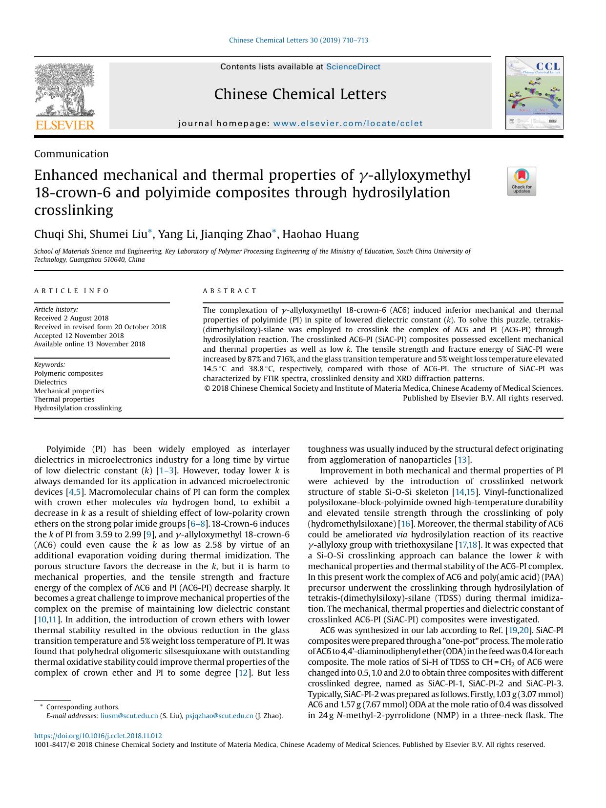 Enhanced mechanical and thermal properties of Î³-allyloxymethyl 18-crown-6 and polyimide composites through hydrosilylation crosslinking by Chuqi Shi & Shumei Liu & Yang Li & Jianqing Zhao & Haohao Huang