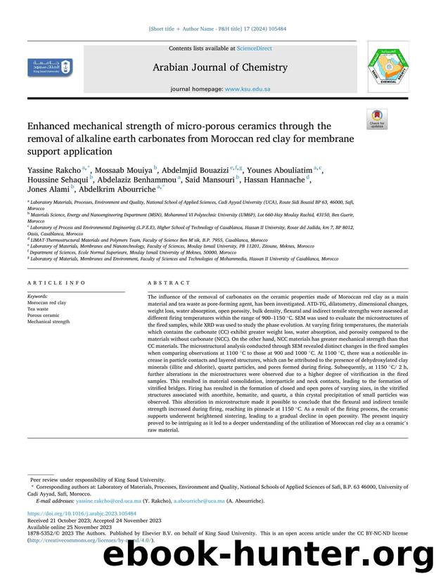 Enhanced mechanical strength of micro-porous ceramics through the removal of alkaline earth carbonates from Moroccan red clay for membrane support application by unknow