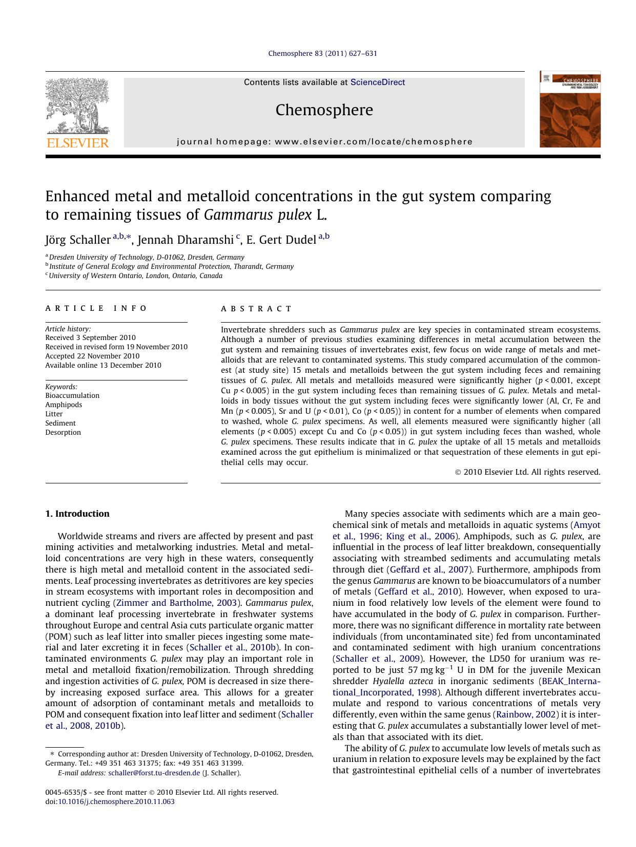Enhanced metal and metalloid concentrations in the gut system comparing to remaining tissues of Gammarus pulex L. by JÃ¶rg Schaller & Jennah Dharamshi & E. Gert Dudel