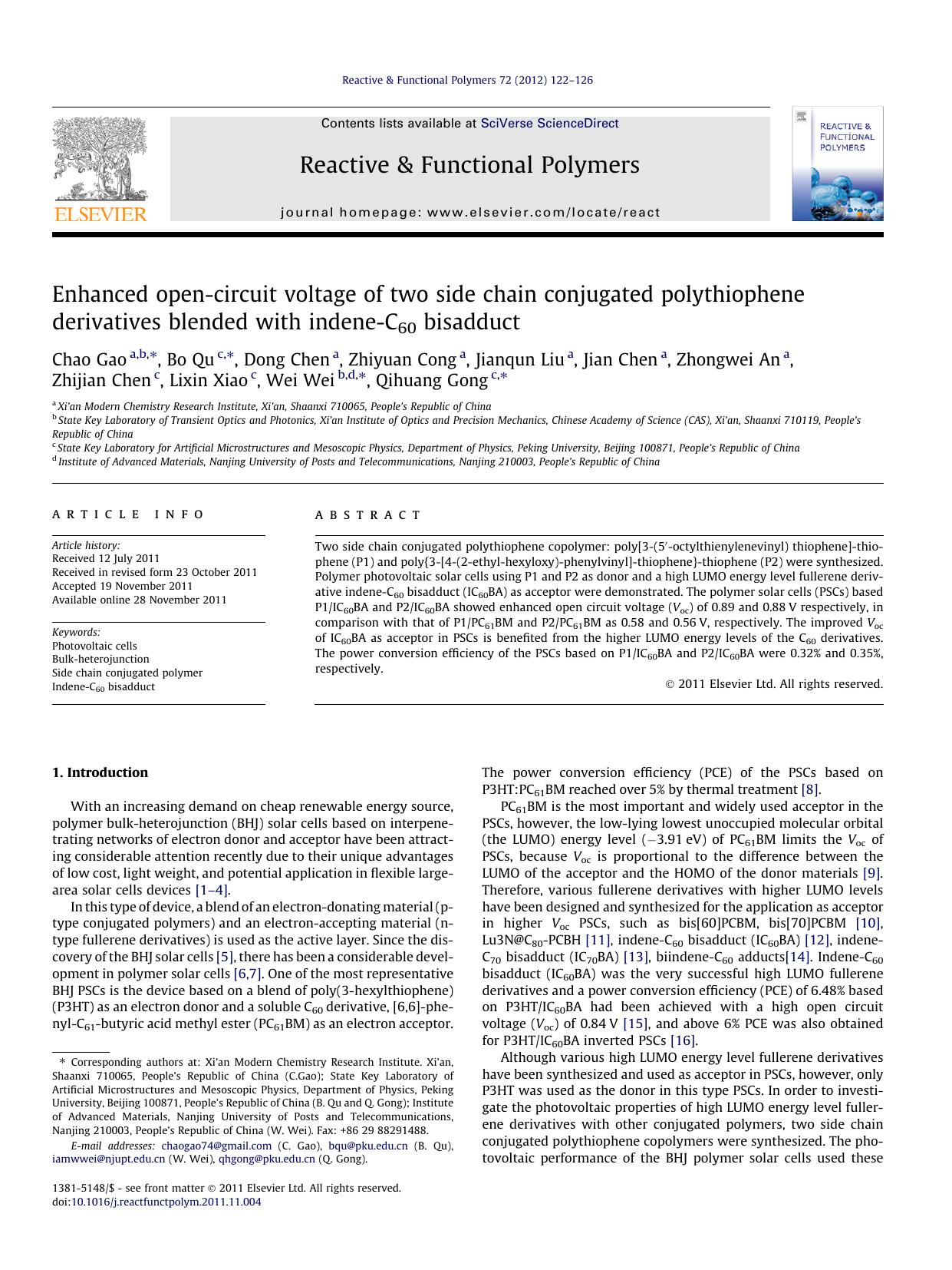 Enhanced open-circuit voltage of two side chain conjugated polythiophene derivatives blended with indene-C60 bisadduct by unknow