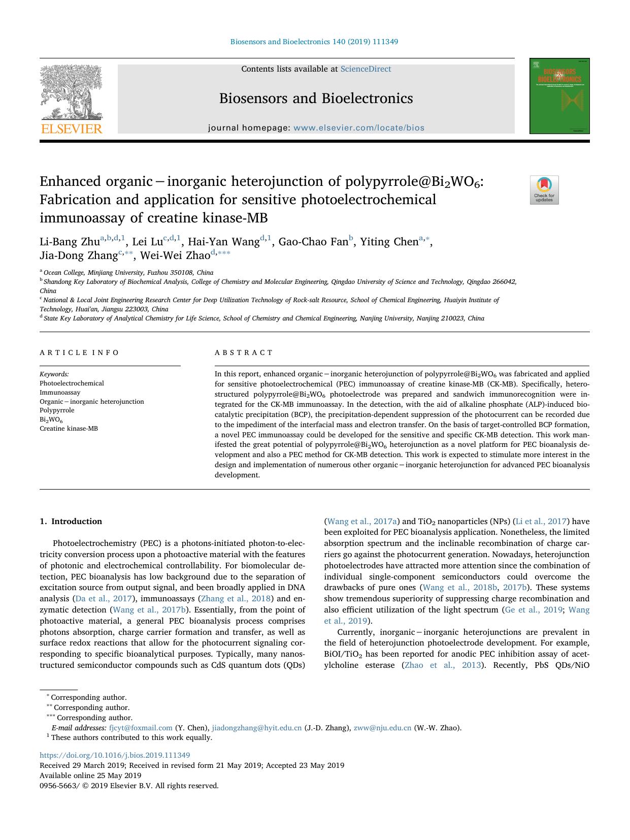 Enhanced organicâinorganic heterojunction of polypyrrole@Bi2WO6_ Fabrication and application for sensitive photoelectrochemical immunoassay of creatine kinase-MB by Li-Bang Zhu & Lei Lu & Hai-Yan Wang & Gao-Chao Fan & Yiting Chen & Jia-Dong Zhang & Wei-Wei Zhao