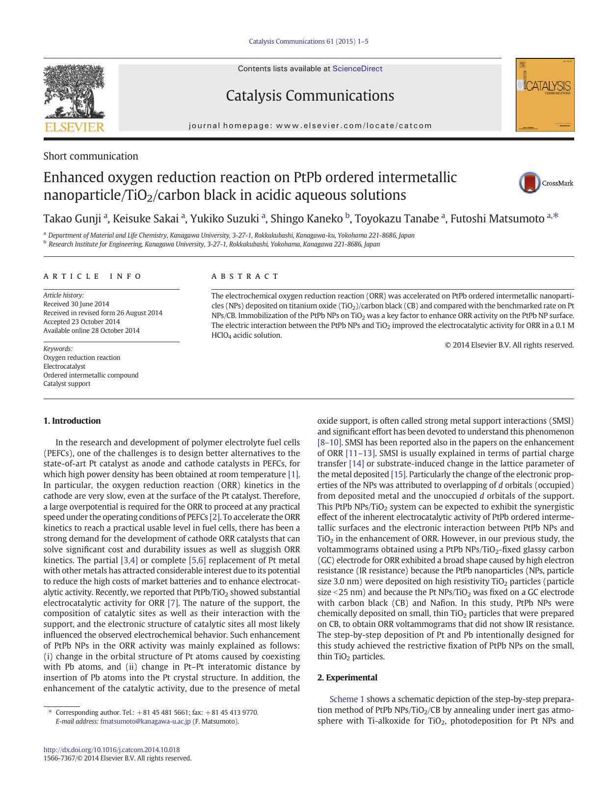 Enhanced oxygen reduction reaction on PtPb ordered intermetallic nanoparticleTiO2carbon black in acidic aqueous solutions by Takao Gunji & Keisuke Sakai & Yukiko Suzuki & Shingo Kaneko & Toyokazu Tanabe & Futoshi Matsumoto