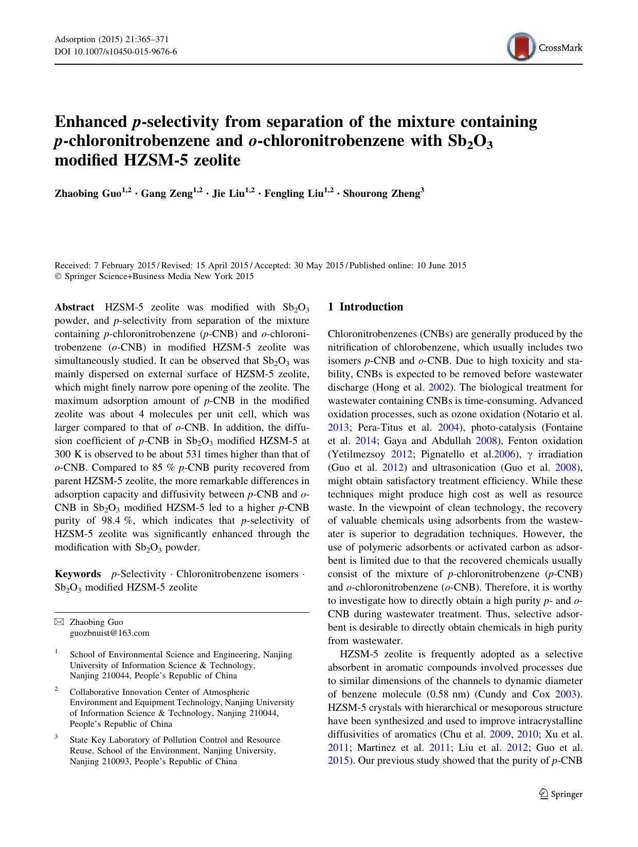 Enhanced p-selectivity from separation of the mixture containing p-chloronitrobenzene and o-chloronitrobenzene with Sb2O3 modified HZSM-5 zeolite by Zhaobing Guo & Gang Zeng & Jie Liu & Fengling Liu & Shourong Zheng