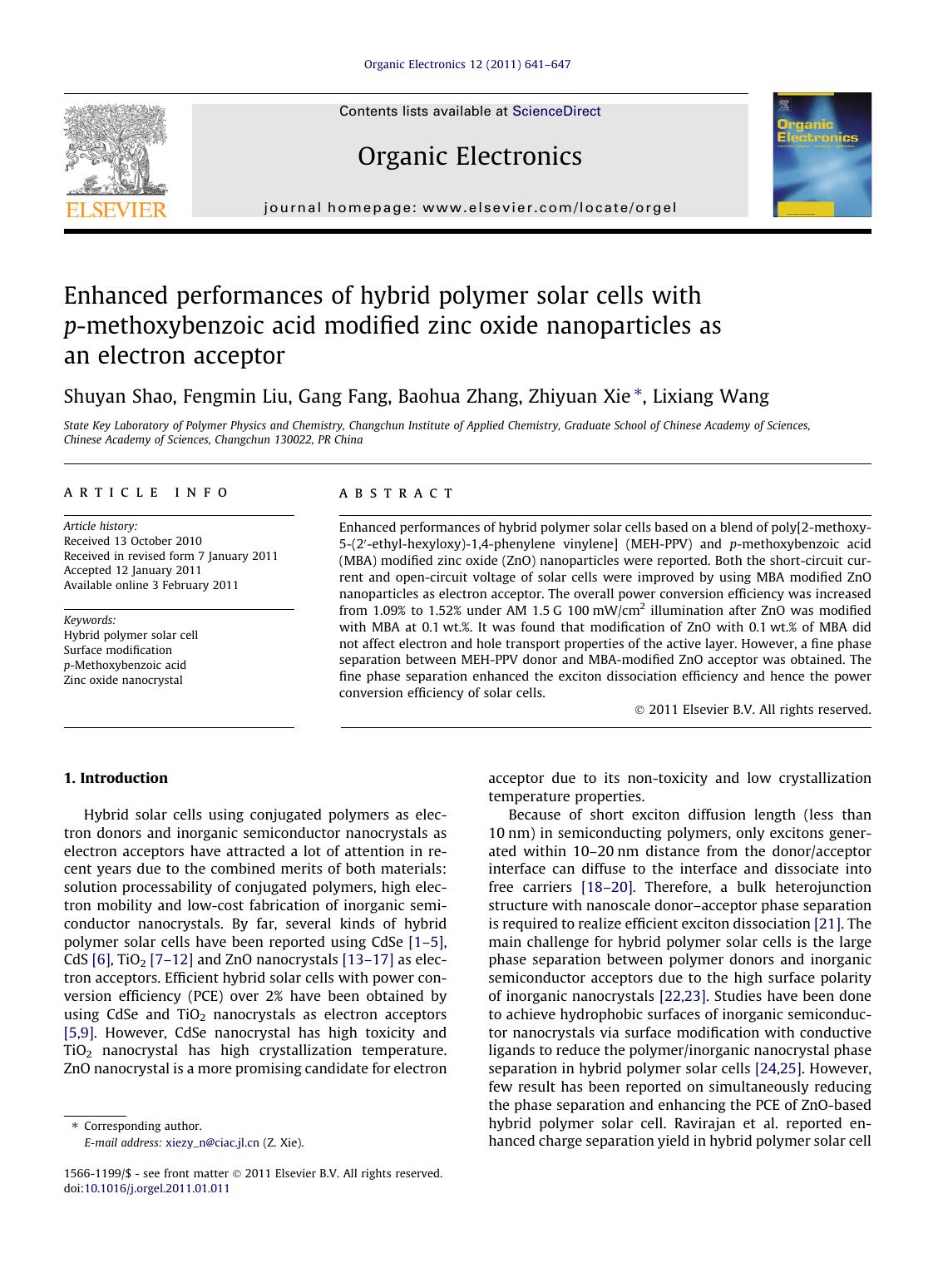 Enhanced performances of hybrid polymer solar cells with p-methoxybenzoic acid modified zinc oxide nanoparticles as an electron acceptor by Shuyan Shao & Fengmin Liu & Gang Fang & Baohua Zhang & Zhiyuan Xie & Lixiang Wang