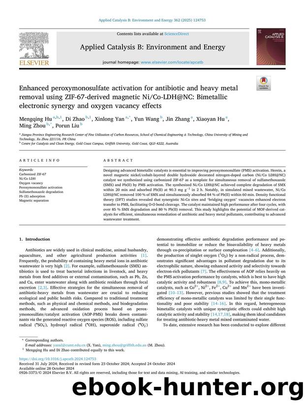 Enhanced peroxymonosulfate activation for antibiotic and heavy metal removal using ZIF-67-derived magnetic NiCo-LDH@NC: Bimetallic electronic synergy and oxygen vacancy effects by Mengqing Hu & Di Zhao & Xinlong Yan & Yun Wang & Jin Zhang & Xiaoyan Hu & Ming Zhou & Porun Liu