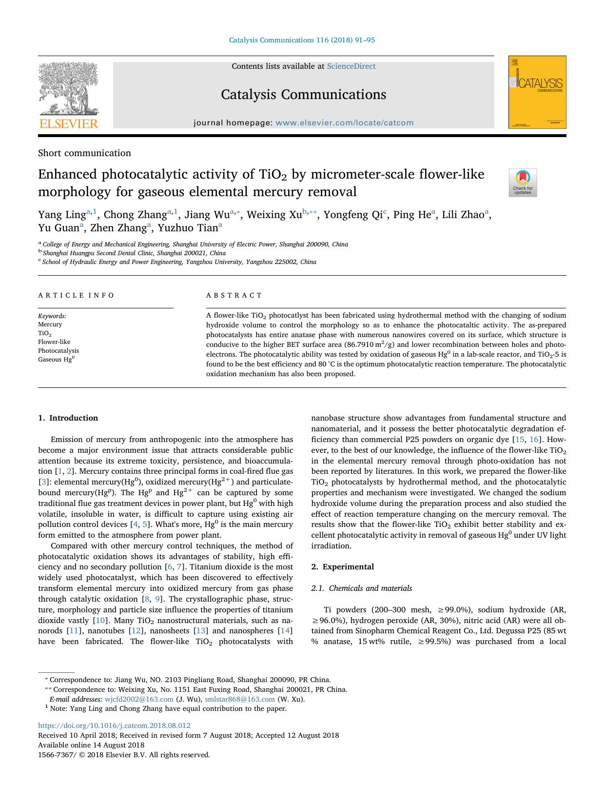 Enhanced photocatalytic activity of TiO2 by micrometer-scale flower-like morphology for gaseous elemental mercury removal by unknow