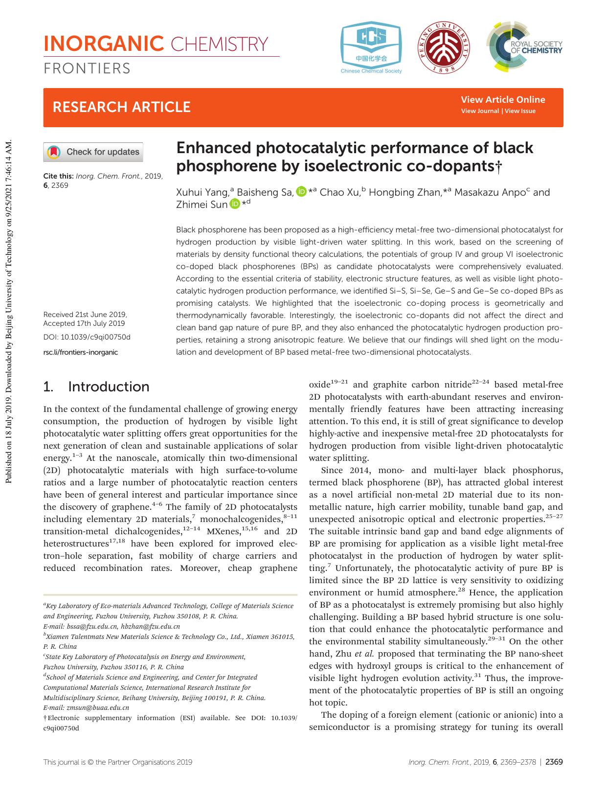 Enhanced photocatalytic performance of black phosphorene by isoelectronic co-dopants by Xuhui Yang Baisheng Sa Chao Xu Hongbing Zhan Masakazu Anpo Zhimei Sun
