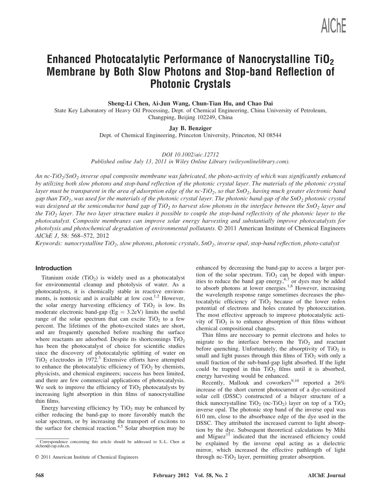 Enhanced photocatalytic performance of nanocrystalline TiO2 membrane by both slow photons and stopband reflection of photonic crystals by Unknown