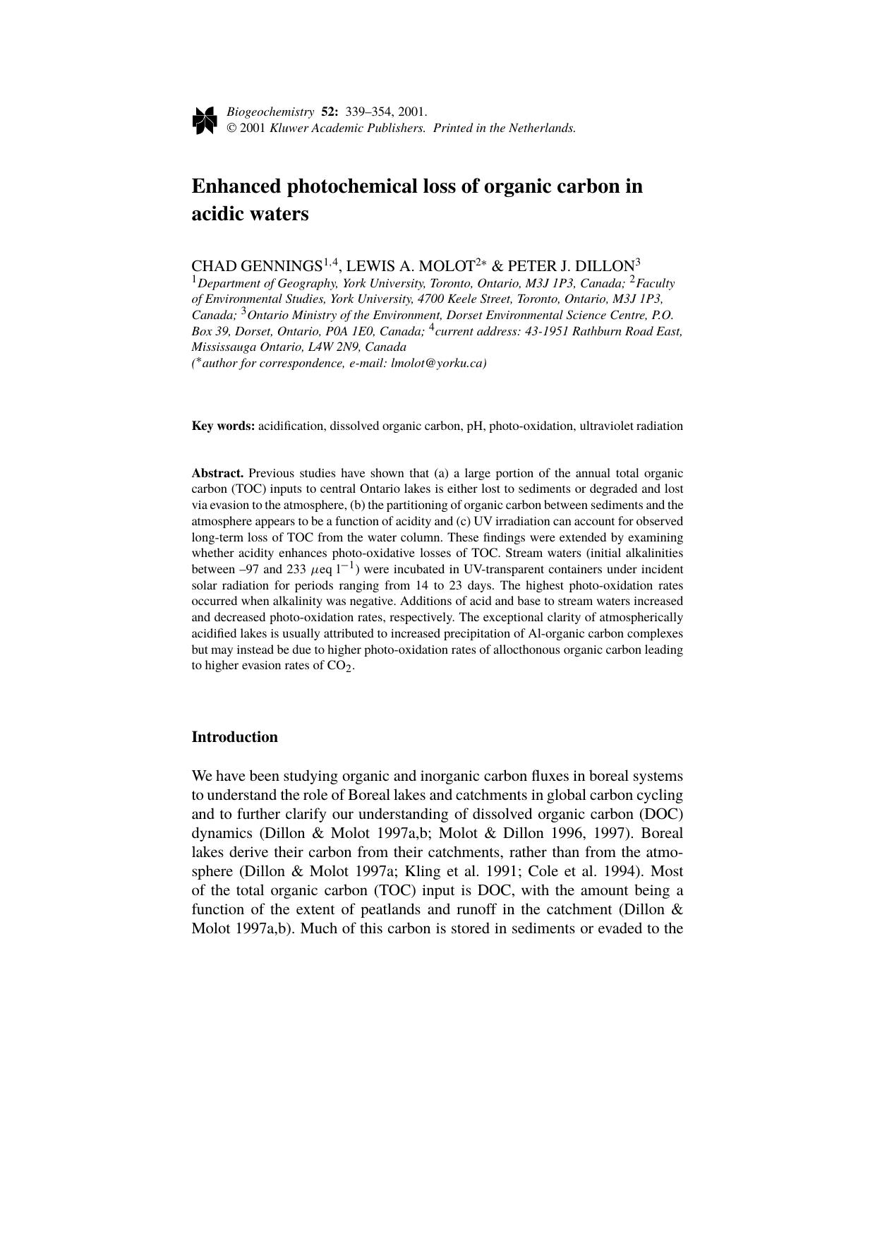 Enhanced photochemical loss of organic carbon in acidic waters by Unknown