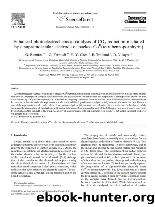 Enhanced photoelectrochemical catalysis of CO2 reduction mediated by a supramolecular electrode of packed CoII(tetrabenzoporphyrin) by G. Ramírez; G. Ferraudi; Y.-Y. Chen; E. Trollund; D. Villagra