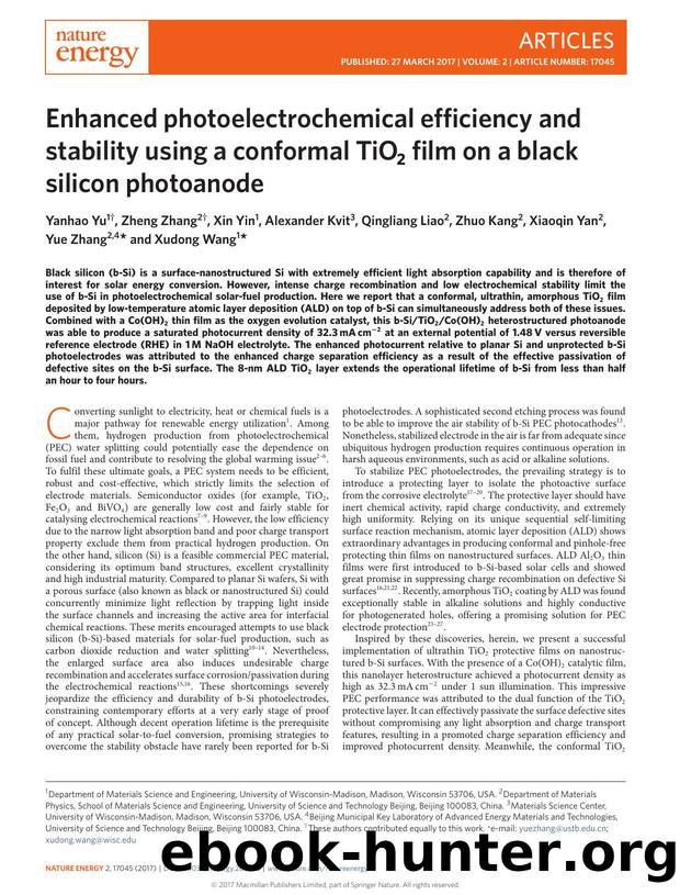 Enhanced photoelectrochemical efficiency and stability using a conformal TiO2 film on a black silicon photoanode by unknow
