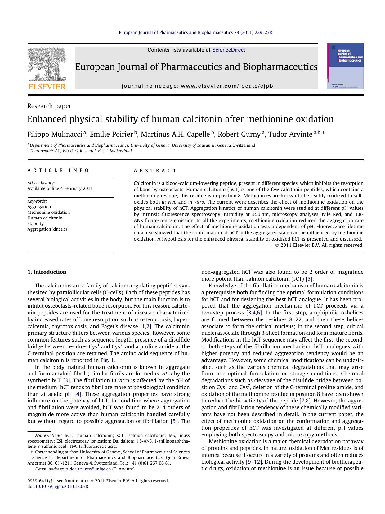 Enhanced physical stability of human calcitonin after methionine oxidation by Filippo Mulinacci & Emilie Poirier & Martinus A.H. Capelle & Robert Gurny & Tudor Arvinte