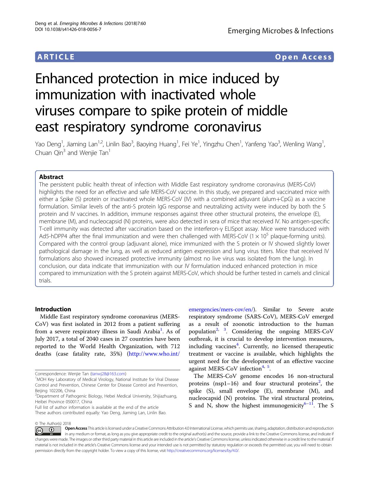 Enhanced protection in mice induced by immunization with inactivated whole viruses compare to spike protein of middle east respiratory syndrome coronavirus by unknow