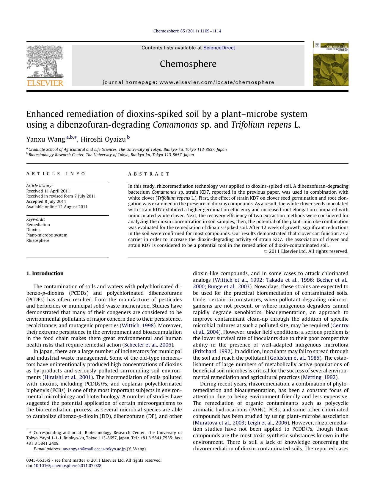 Enhanced remediation of dioxins-spiked soil by a plantÃ¢â¬âmicrobe system using a dibenzofuran-degrading Comamonas sp. and Trifolium repens L. by Yanxu Wang & Hiroshi Oyaizu
