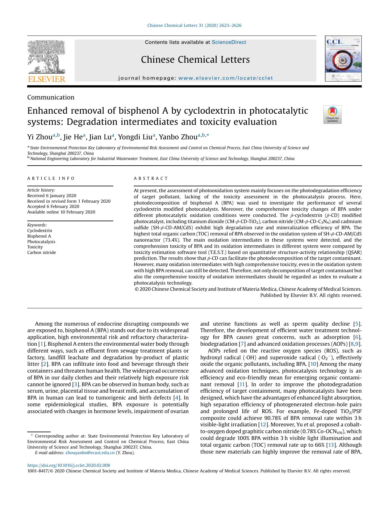 Enhanced removal of bisphenol A by cyclodextrin in photocatalytic systems: Degradation intermediates and toxicity evaluation by Yi Zhou & Jie He & Jian Lu & Yongdi Liu & Yanbo Zhou