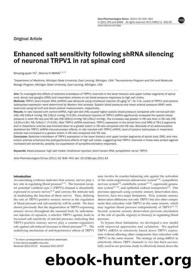 Enhanced salt sensitivity following shRNA silencing of neuronal TRPV1 in rat spinal cord by Shuang-quan Yu & Donna H Wang