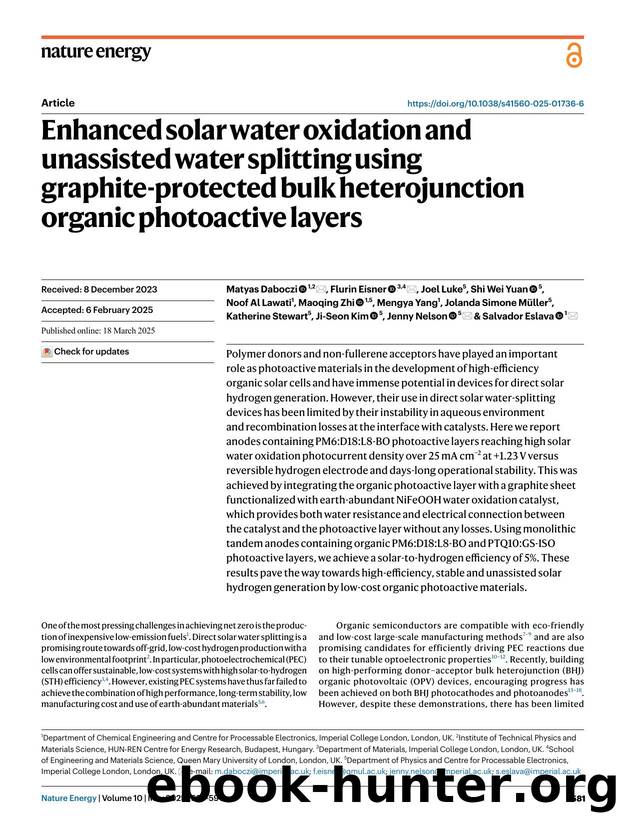 Enhanced solar water oxidation and unassisted water splitting using graphite-protected bulk heterojunction organic photoactive layers by unknow