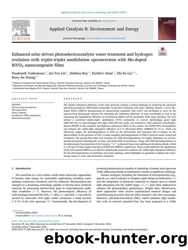 Enhanced solar-driven photoelectrocatalytic water treatment and hydrogen evolution with triplet-triplet annihilation upconversion with Mo-doped BiVO4 nanocomposite films by Prashanth Venkatesan