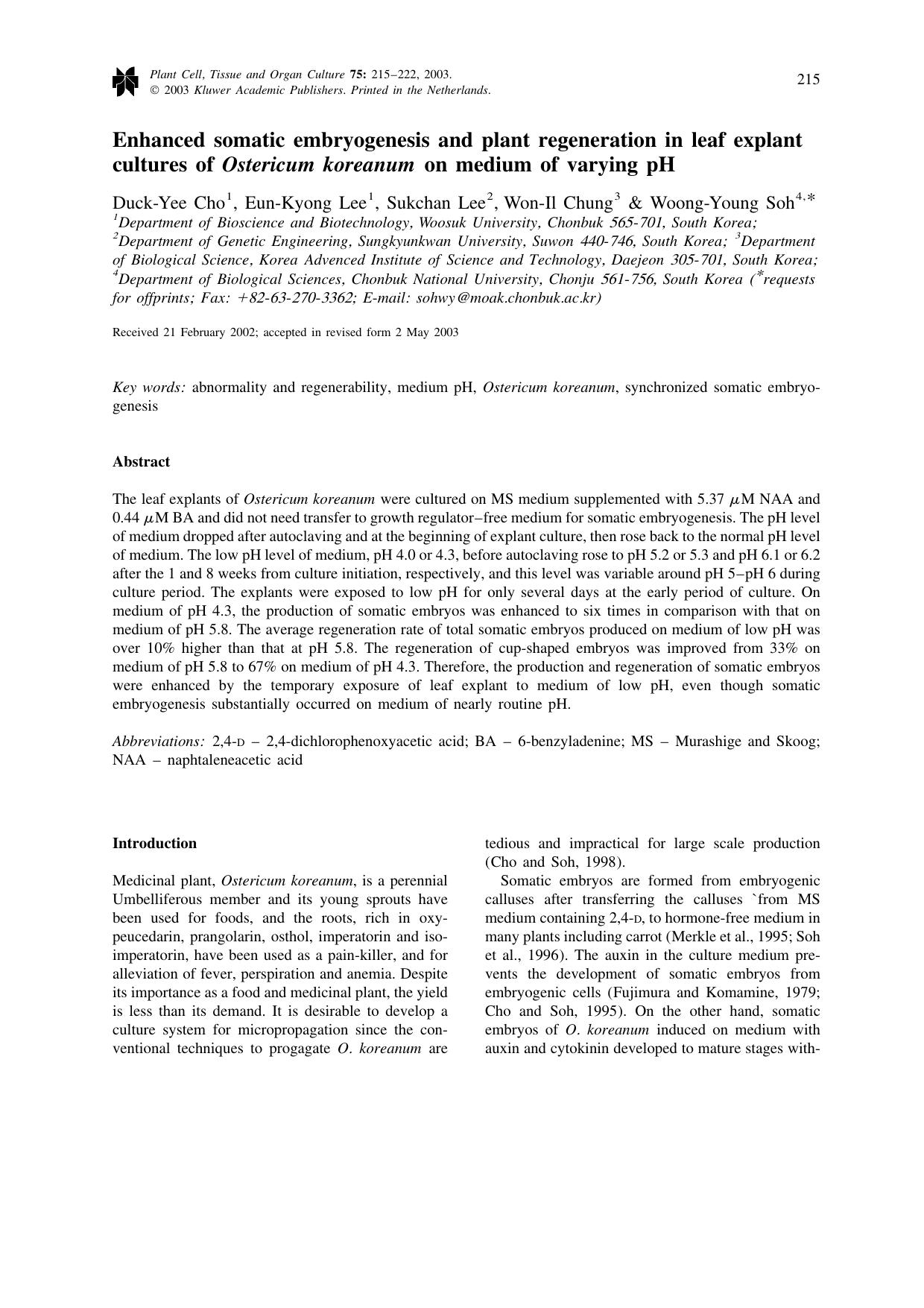 Enhanced somatic embryogenesis and plant regeneration in leaf explant cultures of <Emphasis Type="Italic">Ostericum koreanum<Emphasis> on medium of varying pH by Unknown