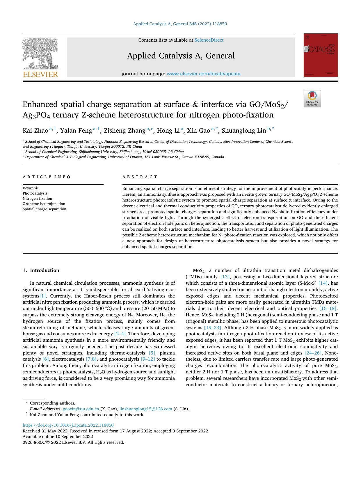 Enhanced spatial charge separation at surface & interface via GOMoS2Ag3PO4 ternary Z-scheme heterostructure for nitrogen photo-fixation by Kai Zhao & Yalan Feng & Zisheng Zhang & Hong Li & Xin Gao & Shuanglong Lin