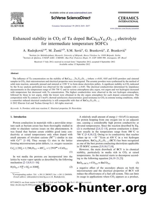 Enhanced stability in CO2 of Ta doped BaCe0.9Y0.1O3âÎ´ electrolyte for intermediate temperature SOFCs by A. Radojković & M. Žunić & S.M. Savić & G. Branković & Z. Branković